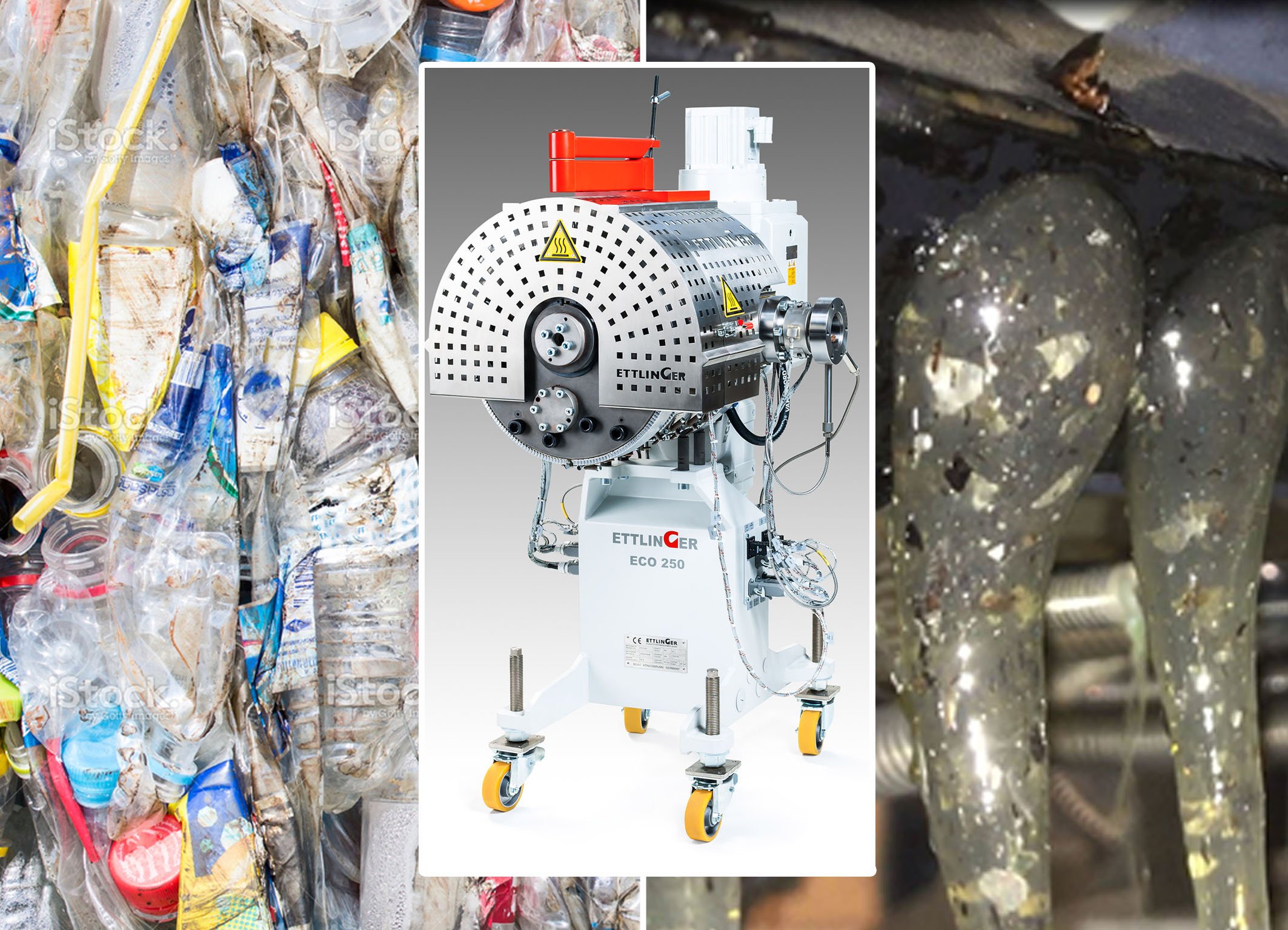 Feinabrieb, wie er beim Recycling von PET-Flaschen (links) entsteht, enthält bis zu 1,5 Prozent feste, gelförmige oder vernetzte Fremdstoffanteile. In den Extrusionsprozess eingebunden, trennen ECO-Hochleistungsschmelzefilter von Ettlinger diese Stoffe kontinuierlich zu fast 100 Prozent aus der Schmelze ab (rechts). (Foto: Ettlinger)