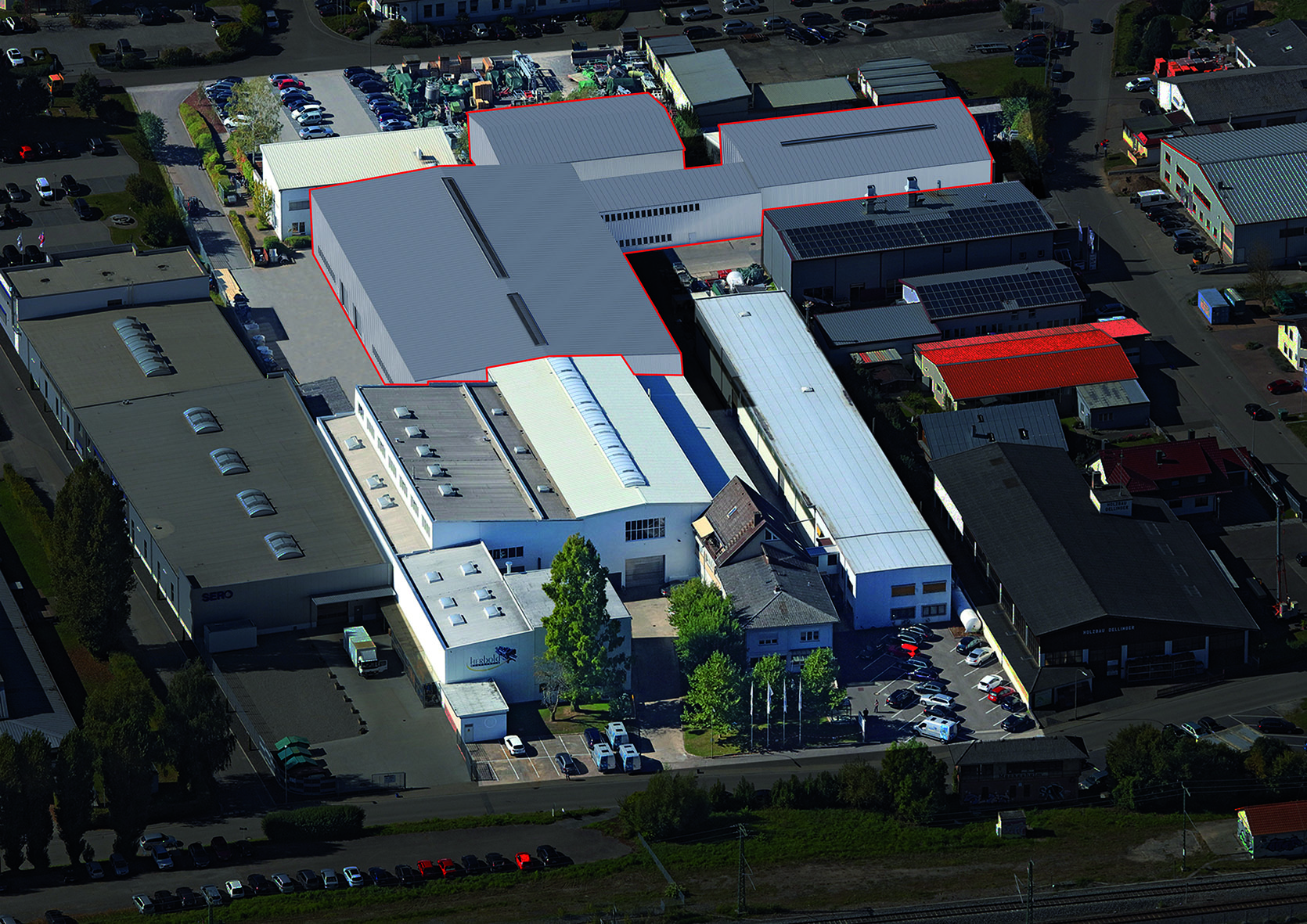 Planungsanimation: Der rot umrandete Bereich zeigt die geplanten neuen Logistik- und Fertigungshallen der Herbold Meckesheim GmbH. (Grafik: Herbold)
