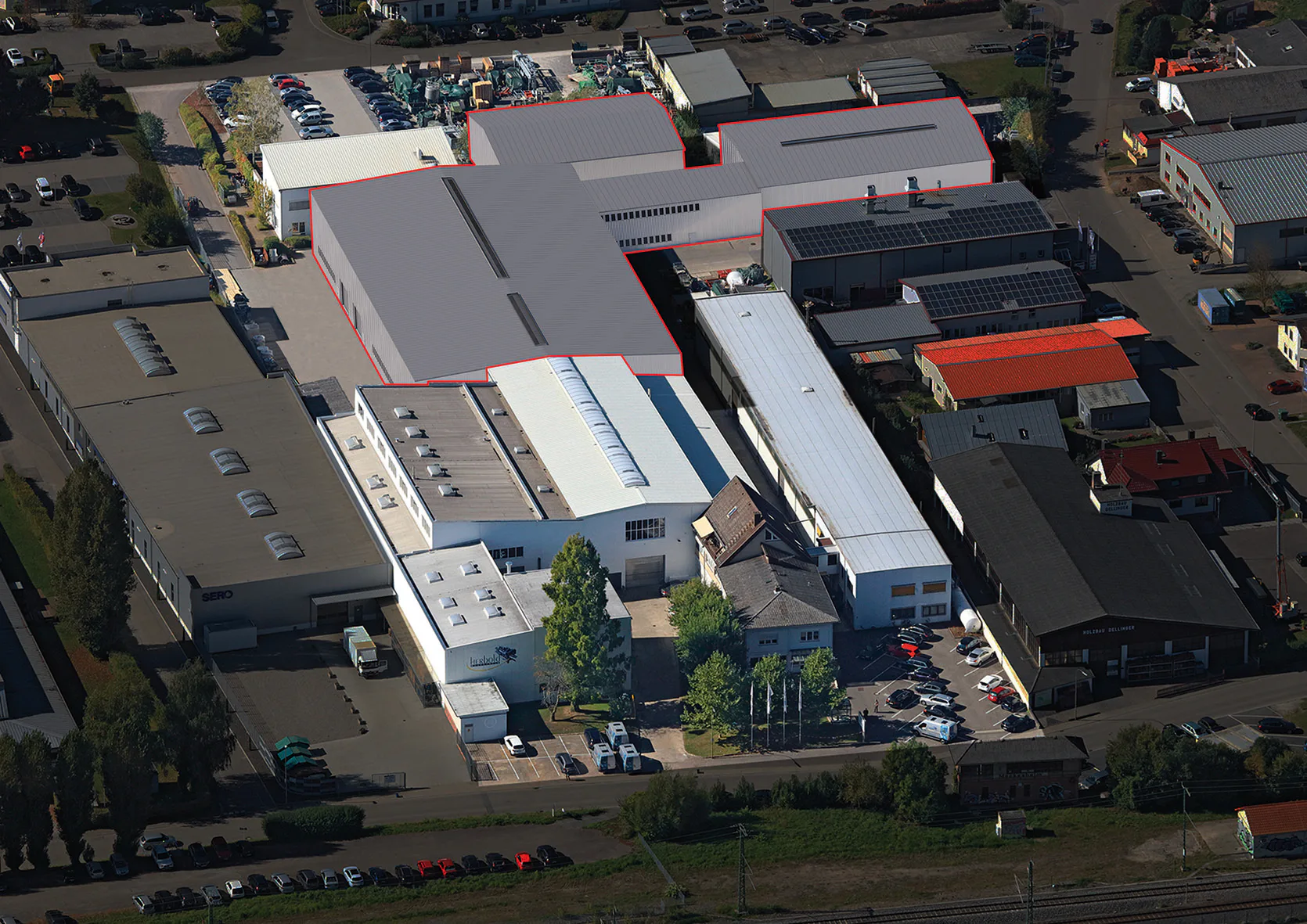 Planungsanimation: Der rot umrandete Bereich zeigt die geplanten neuen Logistik- und Fertigungshallen der Herbold Meckesheim GmbH. (Grafik: Herbold)