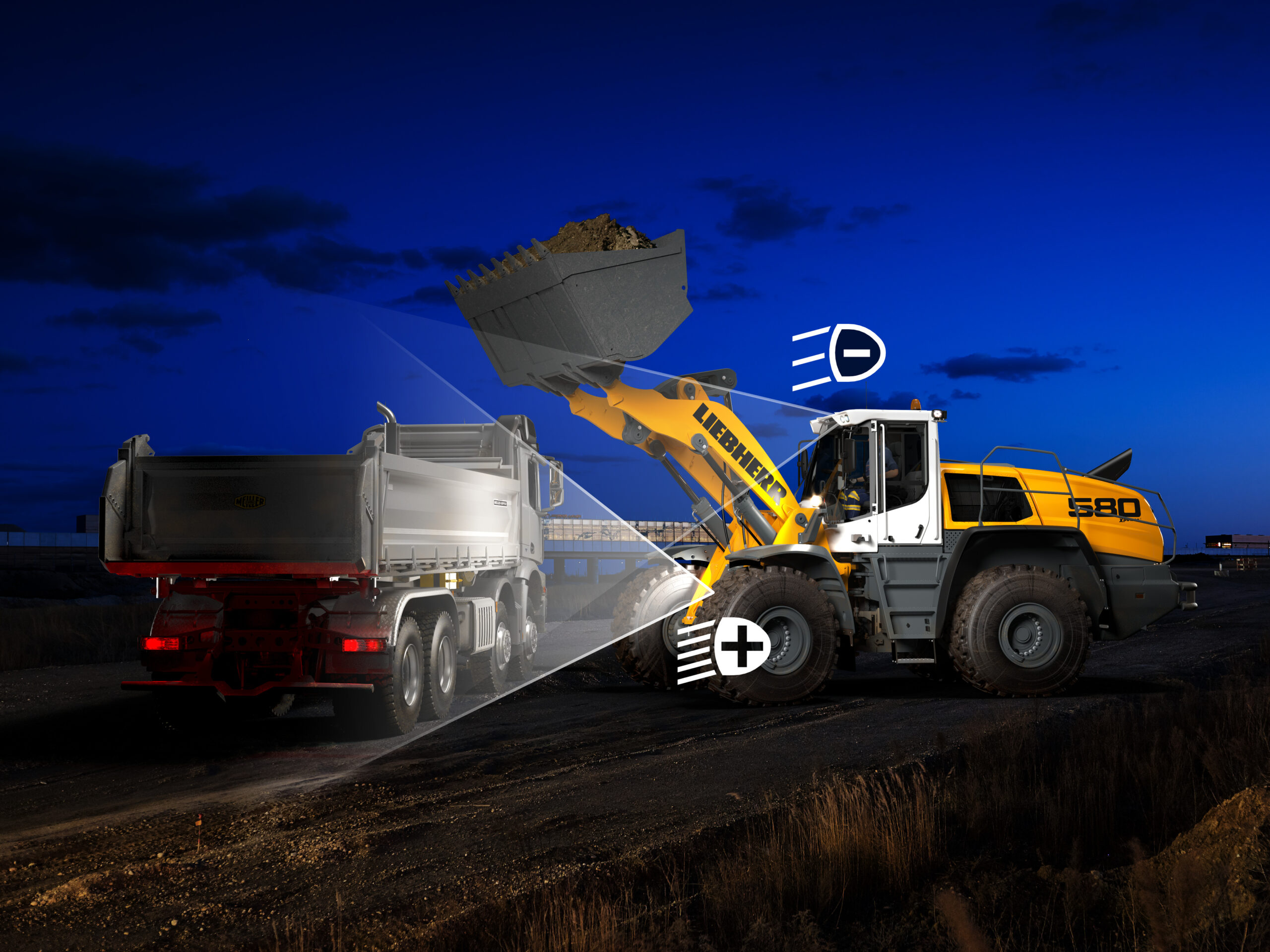 Die adaptive Arbeitsbeleuchtung steht auf Kundenwunsch für alle mittleren und großen Liebherr-Radlader zur Verfügung. Der zusätzliche LED-Scheinwerfer am Vorderwagen verbessert die Lichtverhältnisse bei angehobener Ausrüstung. Bild: LIebherr