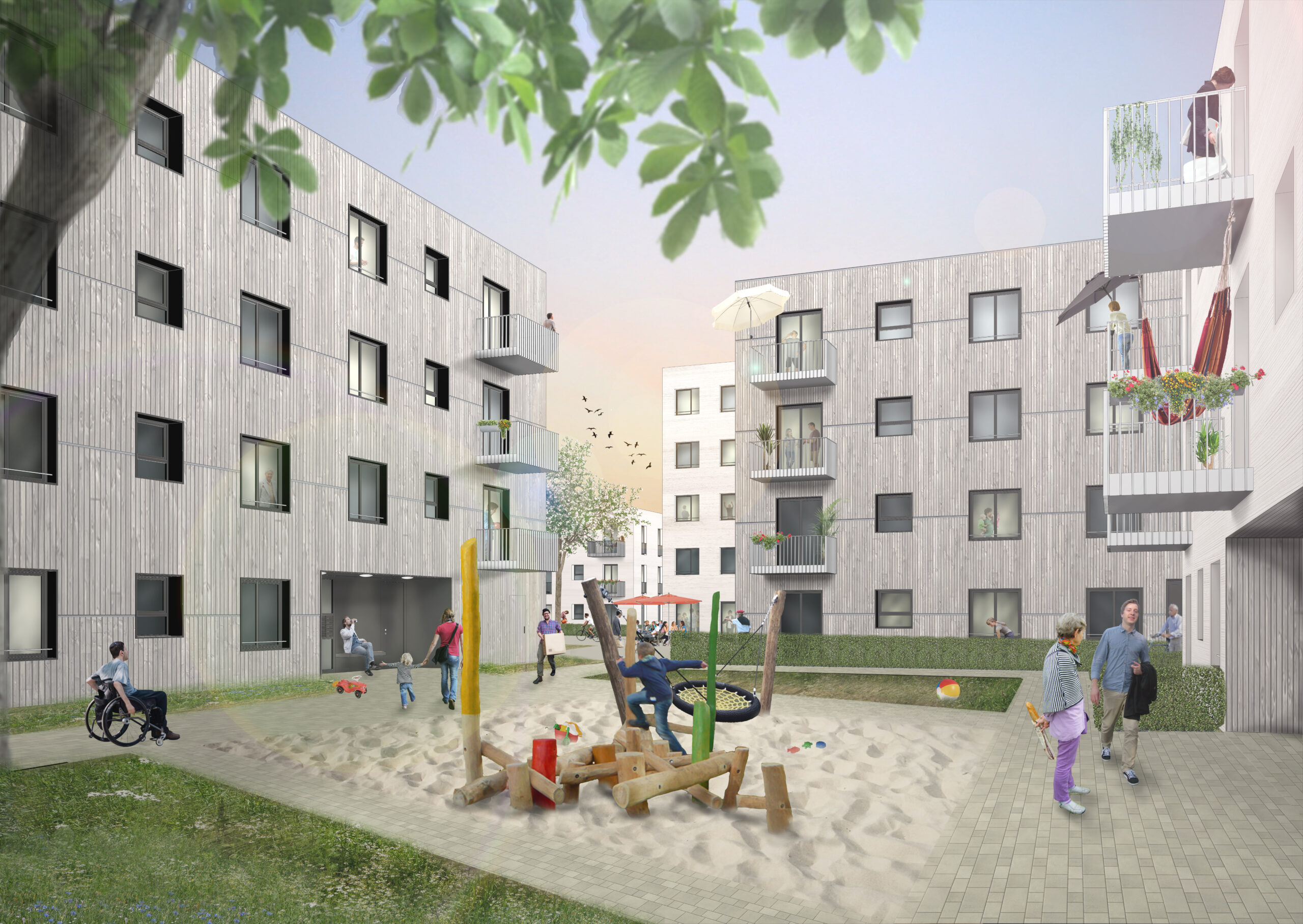 Neubau-Quartier an der  Straße-Am-Flugplatz,  Berlin-Johannisthal
Visualisierung: roedig.schop.architekten