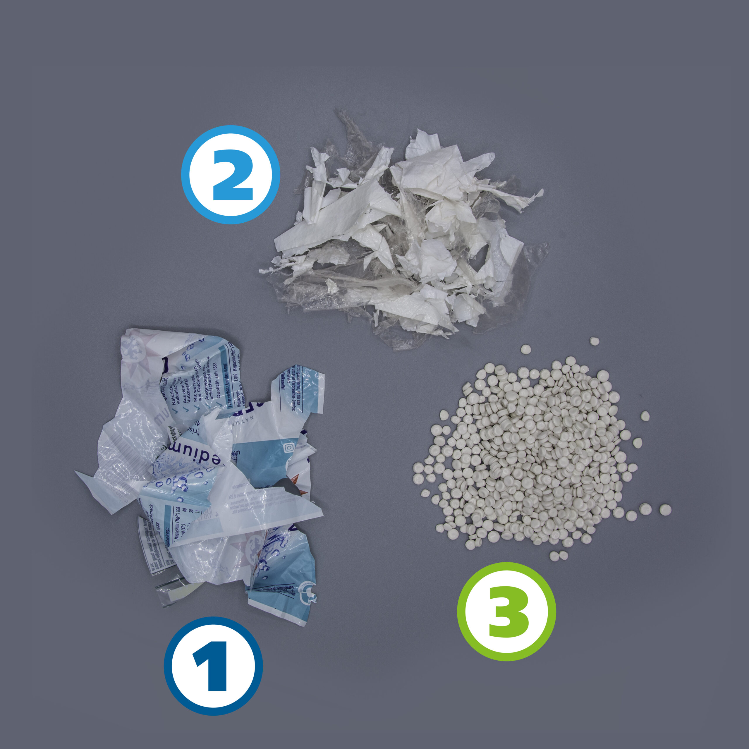 1) stark bedruckte Folie vor dem Deinking-Prozess, 2) Folie nach dem Deinking-Prozess, 3) Regranulat nach dem Extrusionsprozess Bild: Erema