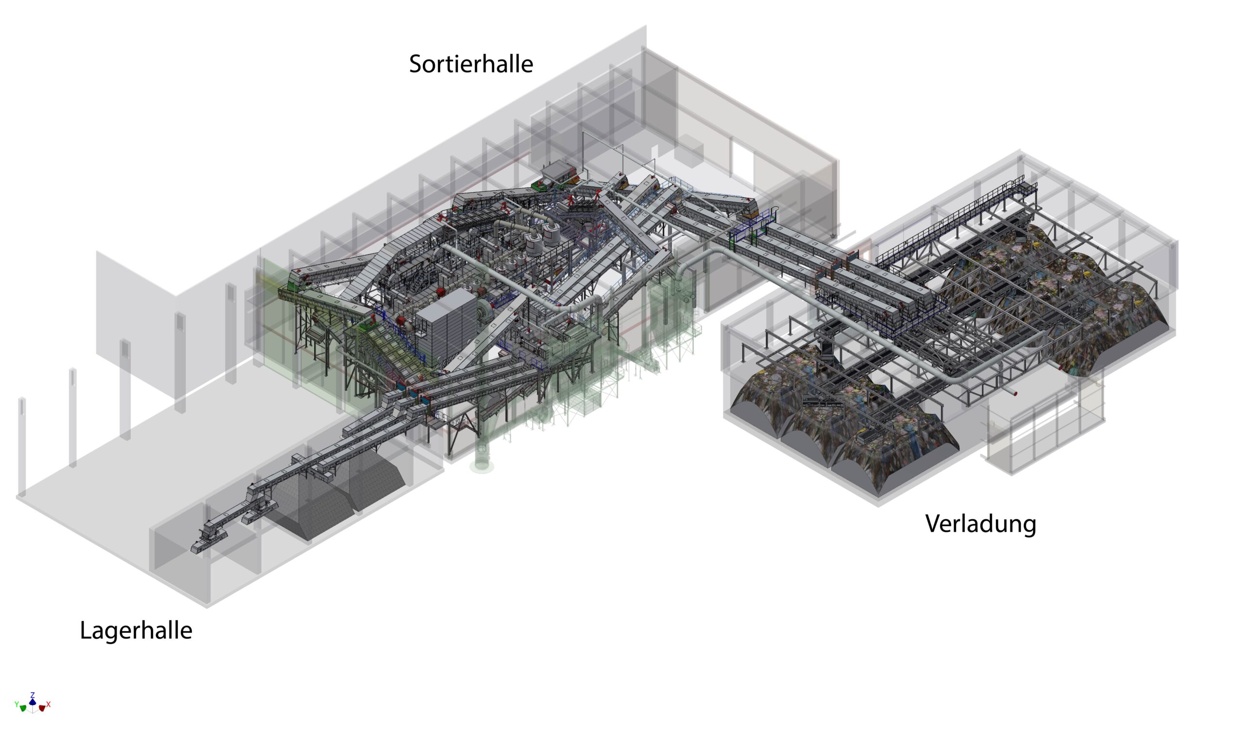 Querschnitt durch die MARS-Anlage mit Sortieranlage und Lagerhalle
Bild: A.R.T.