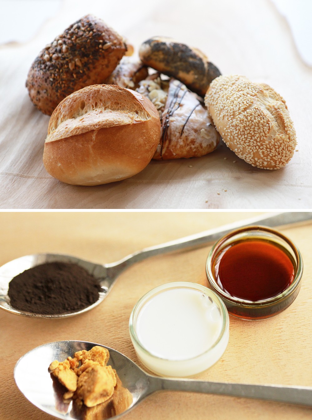 Aus Altbackwaren (Bild oben) wird die Basischemikalie HMF gewonnen. Bild unten: HMF als braune wässrige Lösung und als bräunlicher Feststoff und Kohle (hier pulverförmig). HMF lässt sich unter anderem zu Polyesterharzen weiterverarbeiten. Diese können zur Herstellung von wässrigen Polyurethandispersionen genutzt werden (weiße Flüssigkeit). Bild: Fraunhofer WKI/Manuela Lingnau