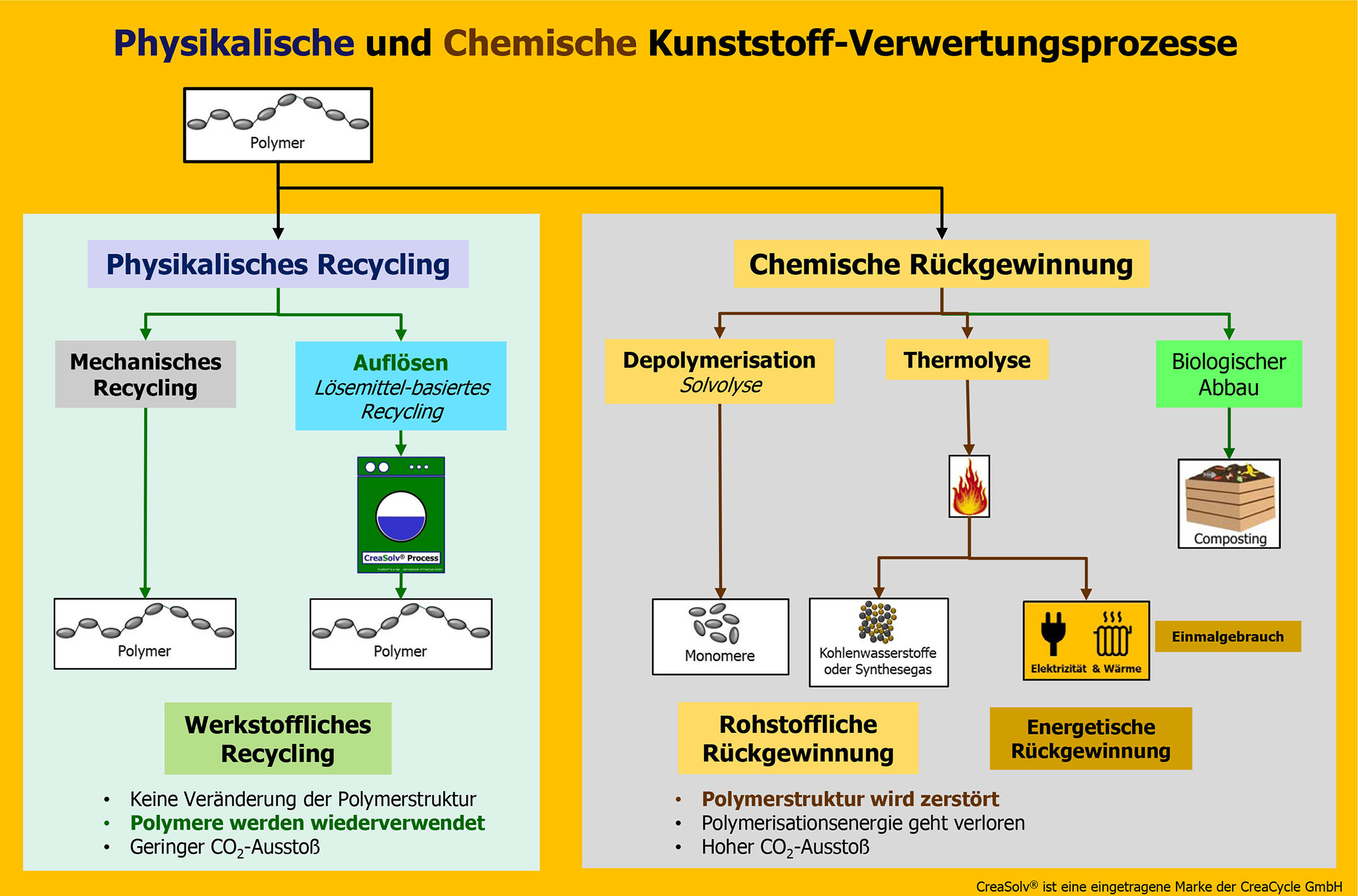 Das Positionspapier ordnet das mechanische und das lösemittelbasierte Recycling als physikalische Verfahren und Alternativen zur chemischen Rückgewinnung ein.