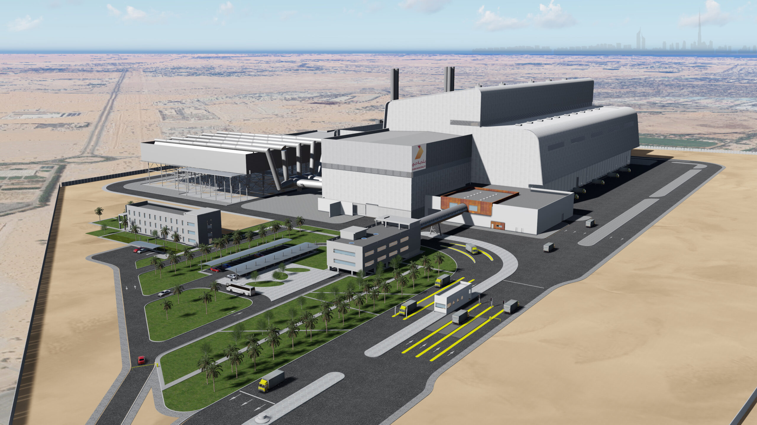 In Dubai entsteht die derzeit weltgrößte
Energy-from-Waste-Anlage. Im Einklang mit
Dubais Nachhaltigkeitsstrategie wird diese
jährlich 5.555 Tonnen nicht wiederverwertbare
Abfälle in erneuerbare Energie umwandeln.
Bild: Dubai Waste Management Center