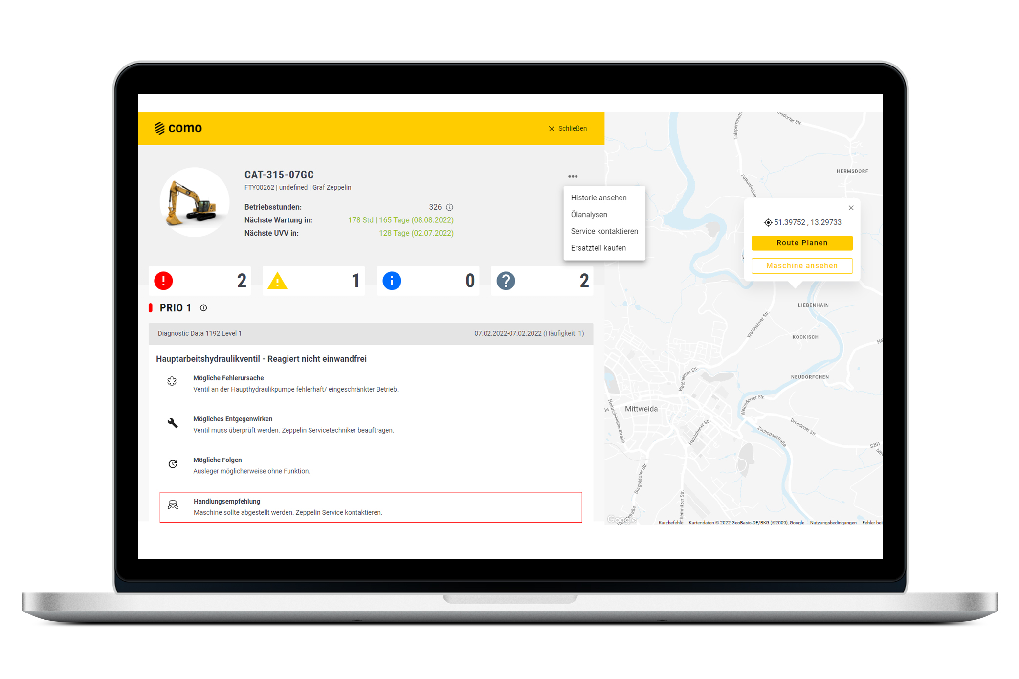 Das neue digitale Tool Como schafft eine direkte Anbindung an das Flottenmanage-ment im Zeppelin Kundenportal, wo es proaktive Wartung und Reparatur besonders kom-fortabel ermöglicht. Bild: Zeppelin