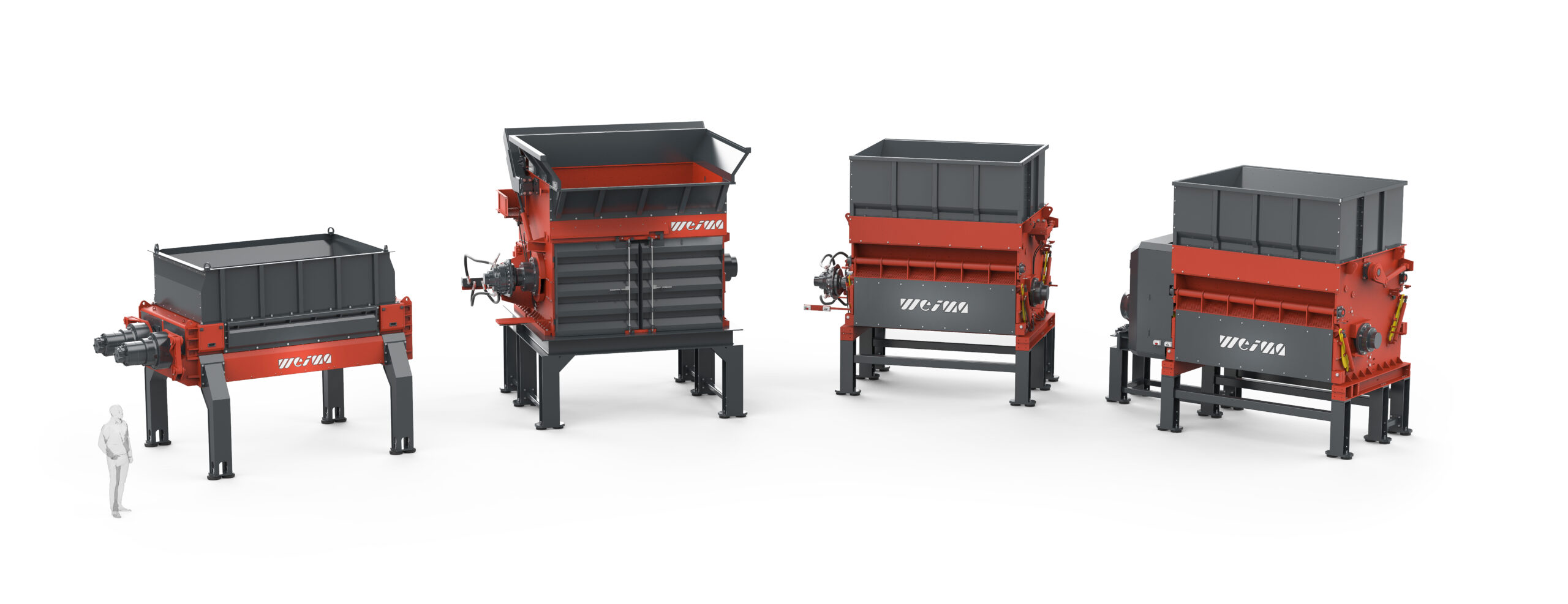 Weima EBS Portfolio: M8.28 Zweiwellen-Zerkleinerer, PreCut Vorzerkleinerer, PowerLine Universal-Shredder, FineCut Nachzerkleinerer (v.l.n.r.) Bild: Weima