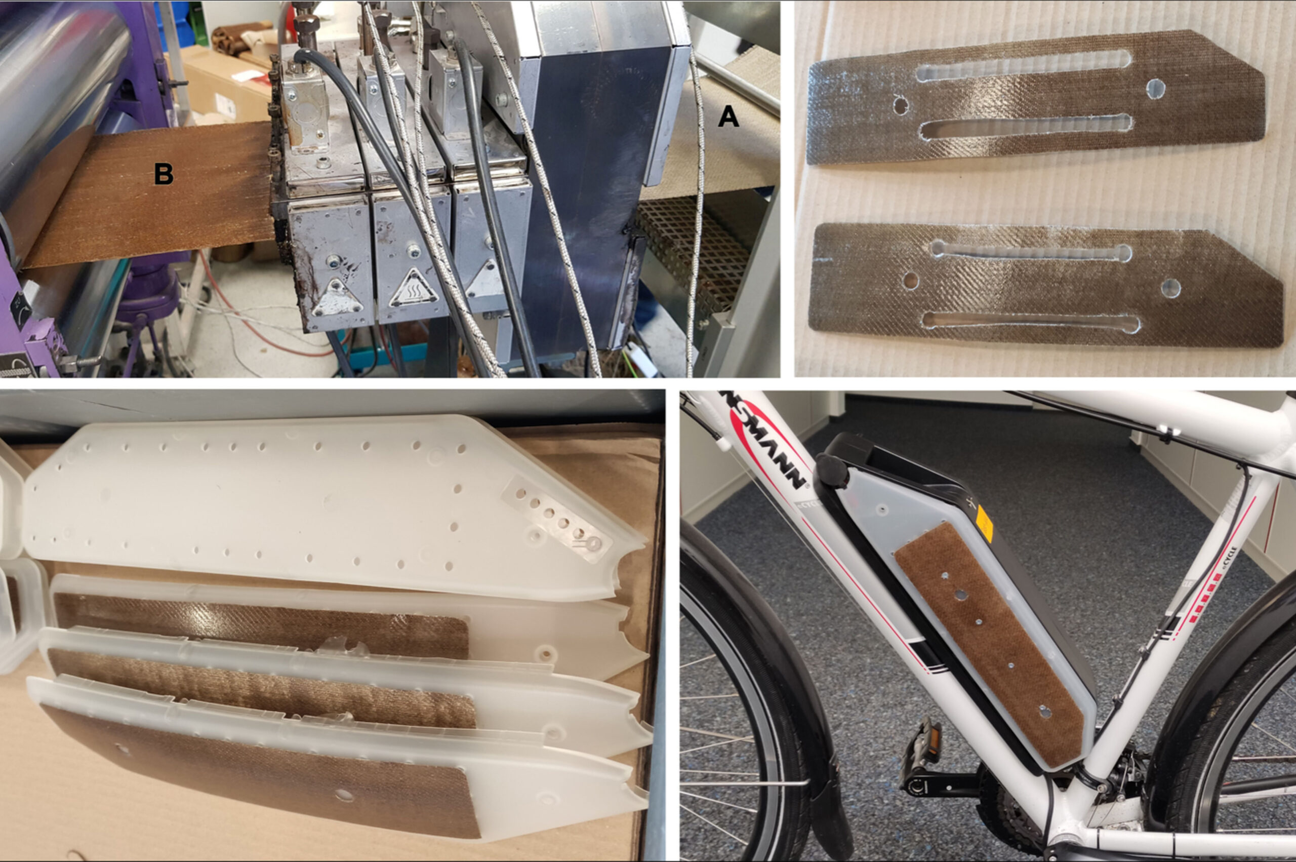 Aus Flachsgewebe (A) und Polypropylen werden dünne Organobleche (B) gefertigt, die zur Verstärkung der Gehäuseblenden eines E-Bike-Akku dienen. Bild: Ansmann AG & Fraunhofer LBF.