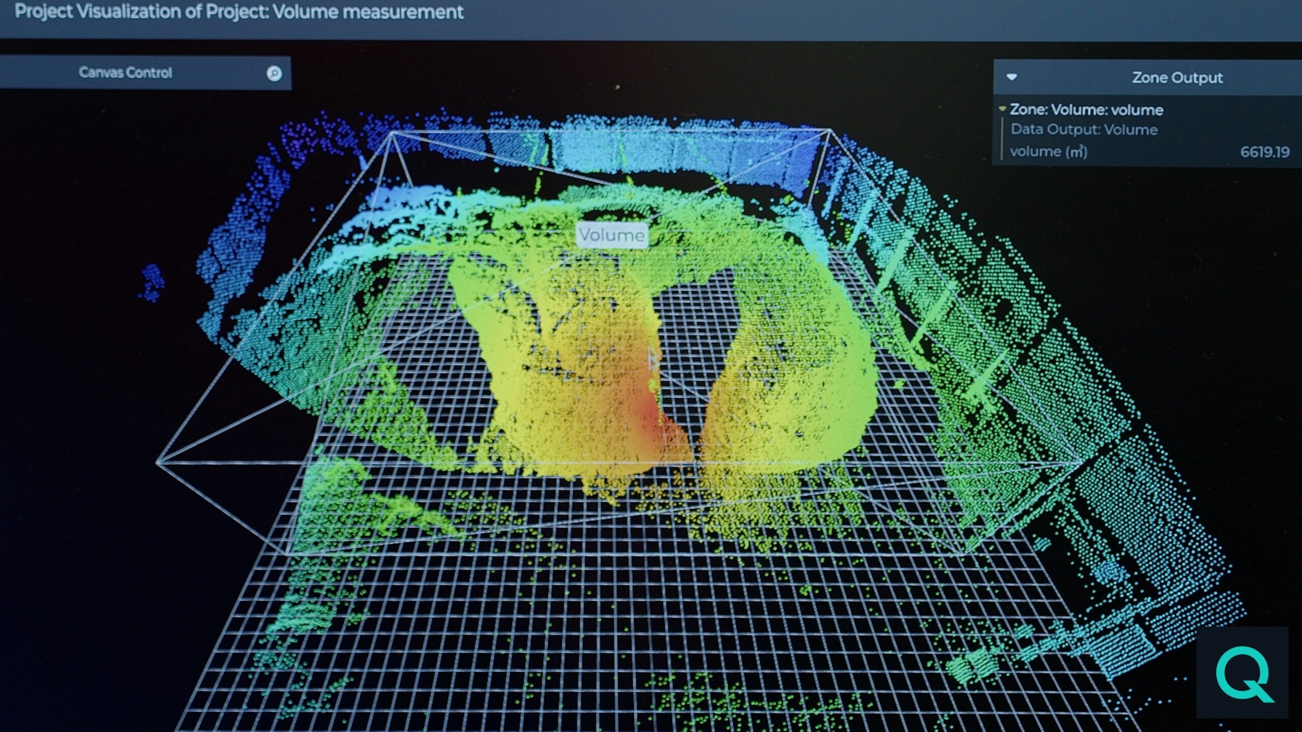 Punktwolke der Abfallhaufen in der Halle. Durch einen Oberflächenscan errechnet der LiDAR-Sensor das Bestandsvolumen sehr präzise. Copyright: Blickfeld