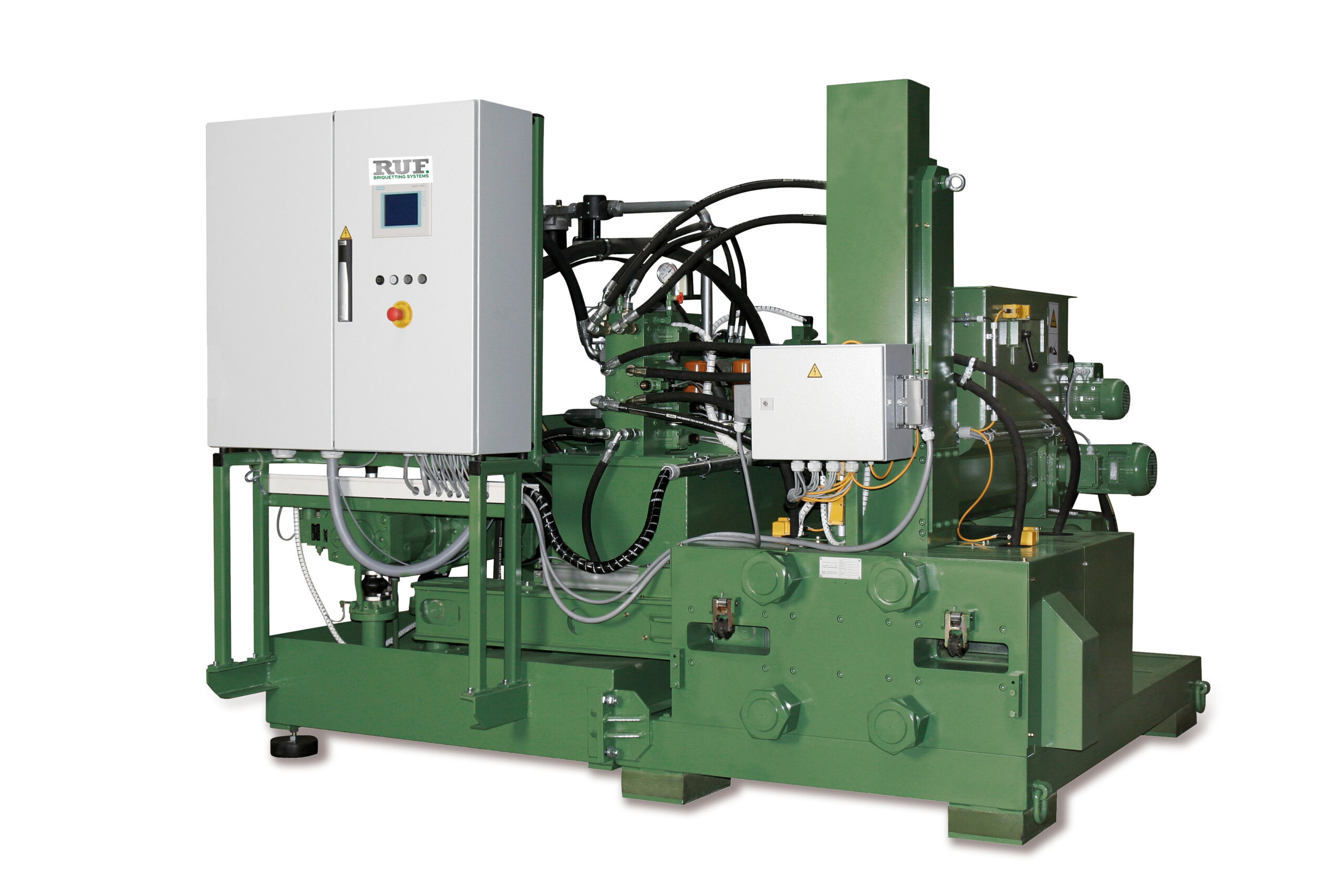 Mit der neuen Brikettierpresse RUF 1100 lässt sich das Volumen von 50 ultraleichten Polyurethan-Resten um einen Faktor von bis zu 1:50 reduzieren. Copyright: RUF Maschinenbau GmbH & Co. KG