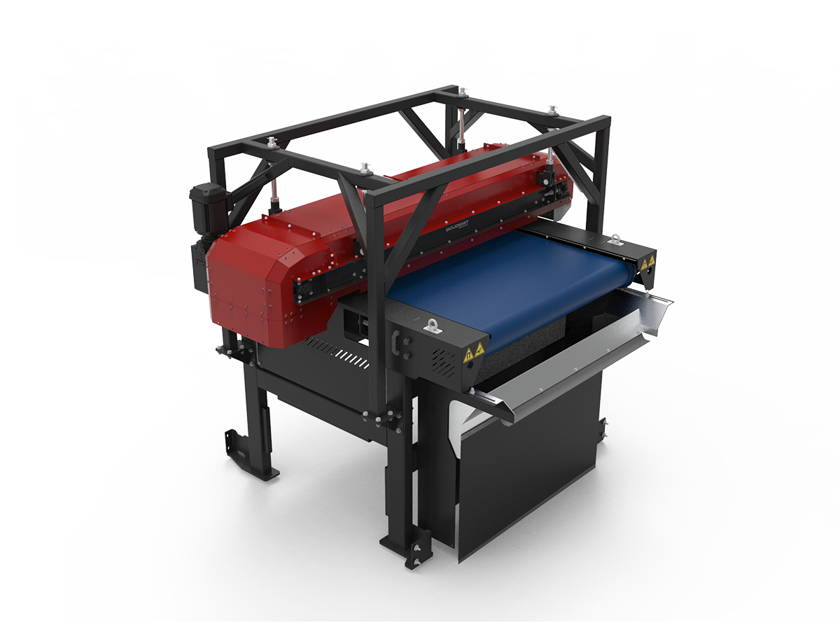 Das Hochgradientenmodul ist ein anpassungsfähiges, modulares System und auch nur mit einem Überbandmagneten für die Abscheidung von Stahl-, Feineisen- und Edelstahlpartikeln erhältlich. Copyright: Goudsmit Magnetics