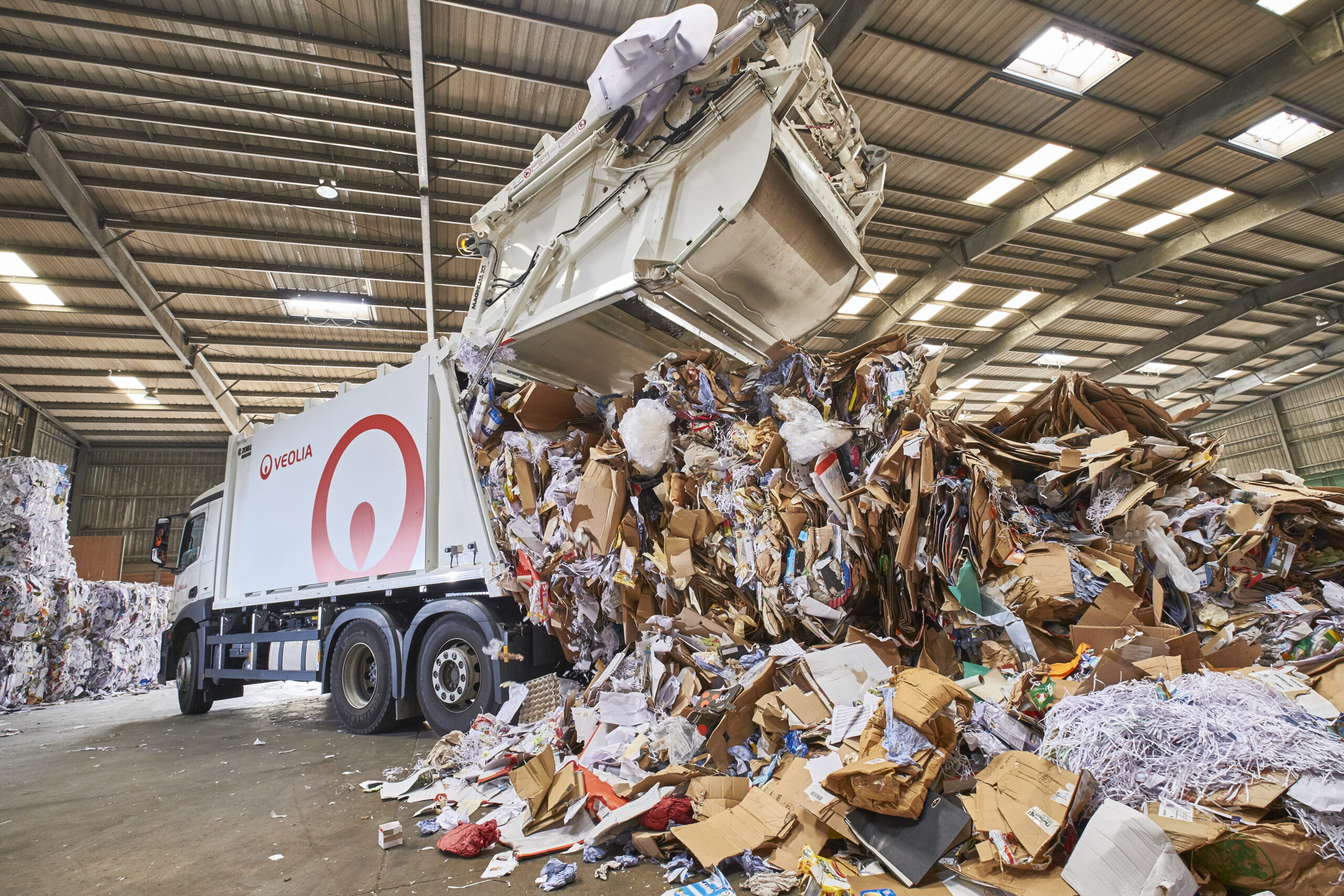 Veolia Umweltservice Ost GmbH &amp; Co. KG.Betrieb Dresden, Papierhalle: .Entladen des mit Altpapier beladenen Hecklader-Pressfahrzeuges.Person: Enrico Sauer