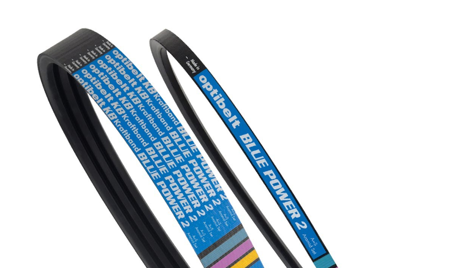 Der BLUE POWER 2 ist ein Hochleistungs-Schmalkeilriemen mit High-Flex-Aramidzugstrang, der einen Wirkungsgrad von 97% erreicht. Der Ober- bzw. Unterbau besteht aus einer hochwertigen Ethylen-Propylen-Mischung (EPDM) mit quer zur Laufrichtung ausgerichteten Fasern. Dadurch kann eine höhere Leistungsübertragung erreicht werden. Copyright: Optibelt