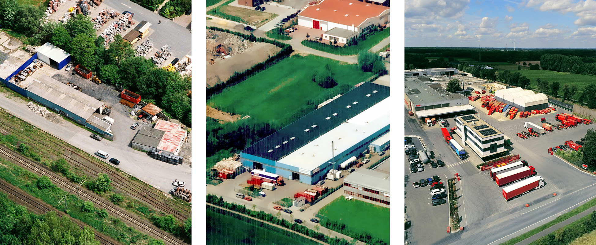 Das Entsorgungs- und Recyclingunternehmen aus Werne musste bereits zweimal umziehen. Derzeit hat die RCS-Gruppe neben dem Hauptsitz an der Capeller Straße noch eine weitere Produktionsstätte im nahegelegenen Eichenbusch (links: erster Standort am Bahnhof; Mitte: zweiter Standort am Wahrbrink; rechts: aktueller Hauptsitz an der Capeller Straße). Copyright: RCS