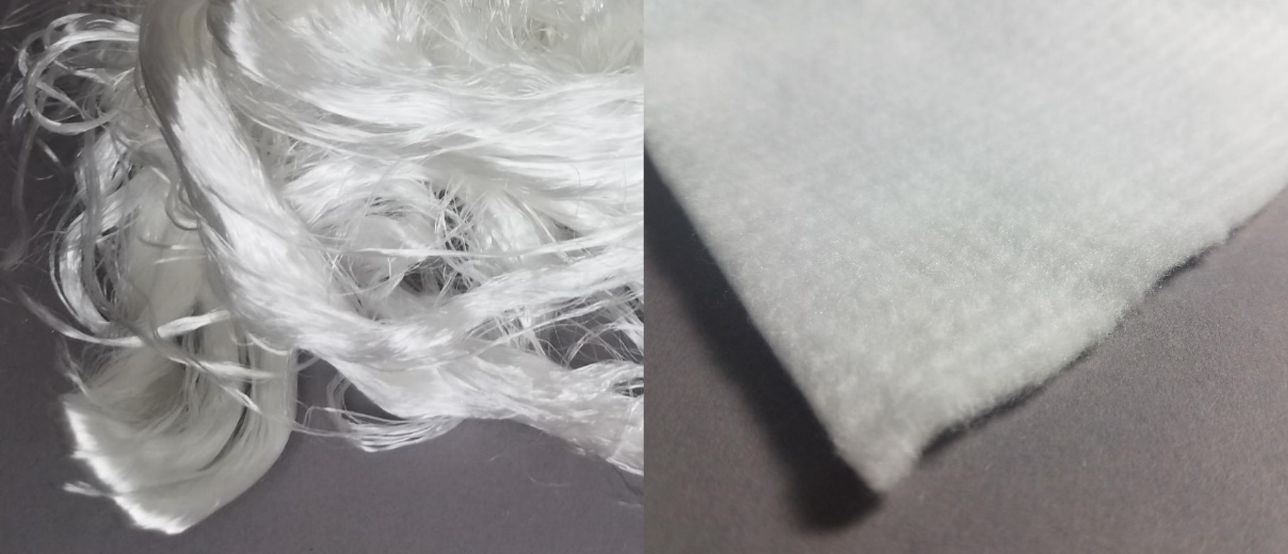 PLA-Fasern (links) und PLA-Vlies (rechts) aus 100% rezykliertem PLA.  Copyright: TCKT