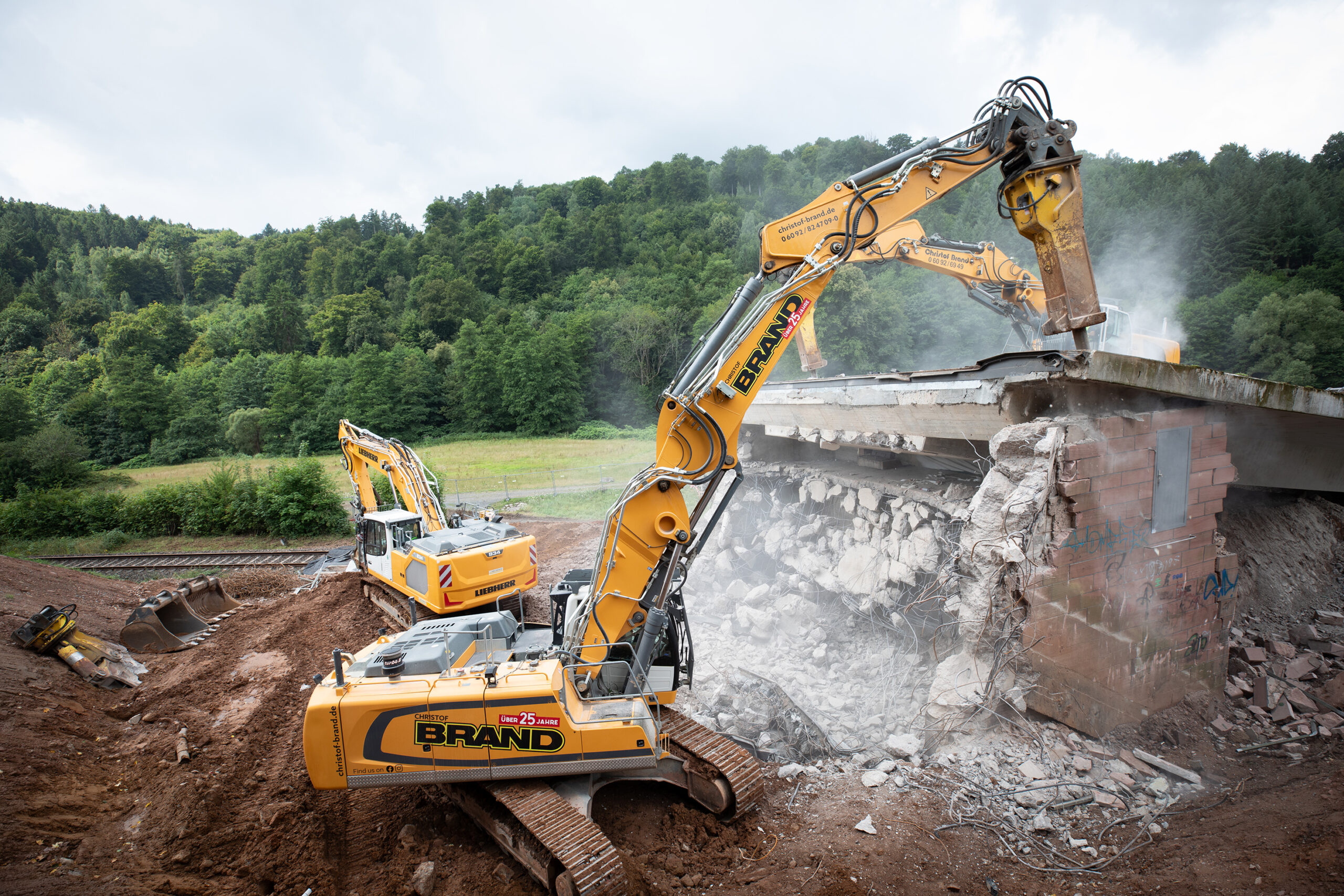 Liebherr-Raupenbagger beim Abbruch der Zeller Brücke im Odenwald: Ausgestattet mit Hydraulikhämmern und Abbruchzangen übernehmen sie die Zerkleinerung des Bauwerks. (Quelle: Liebherr)