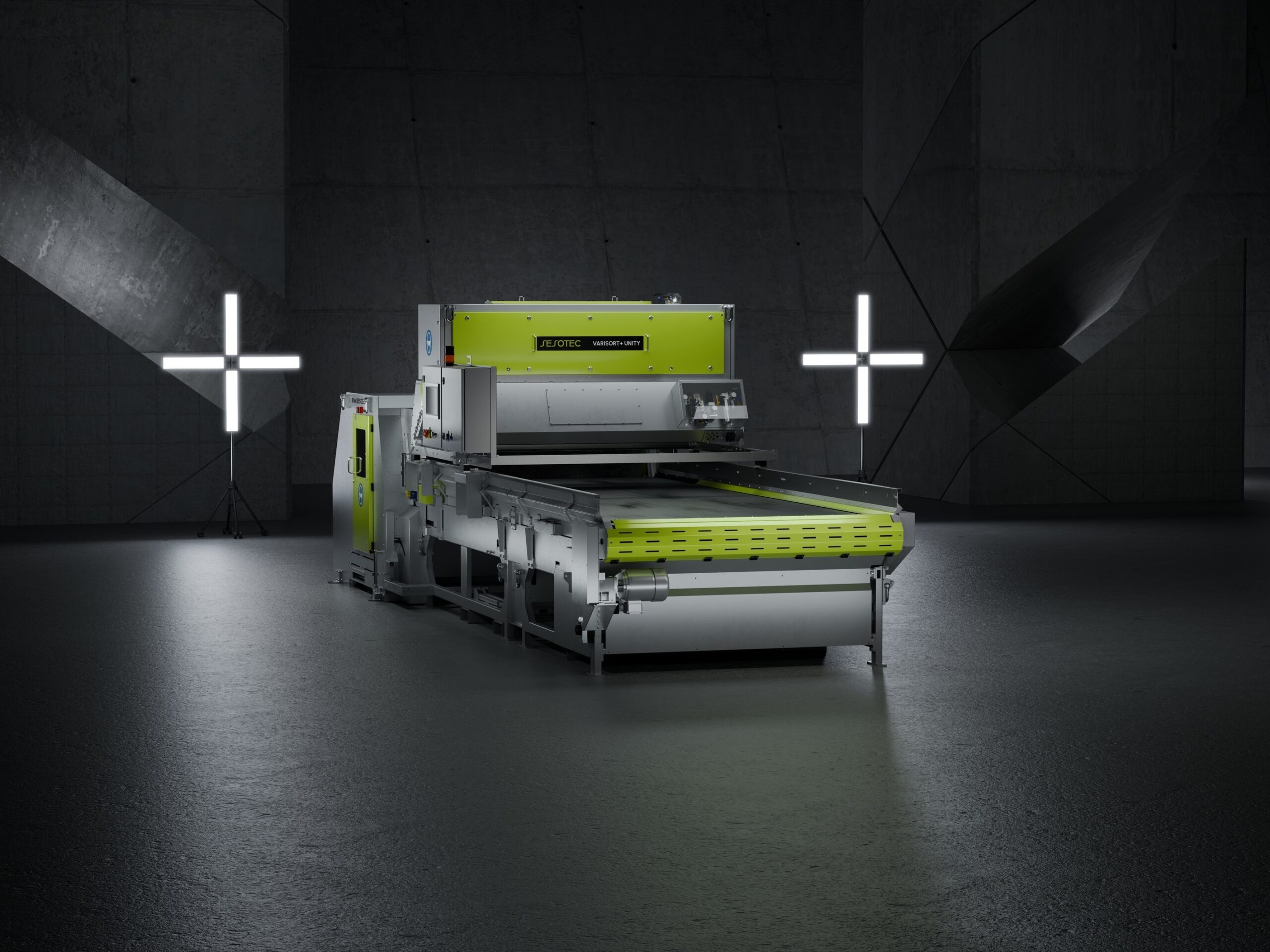 Das neueste Sesotec Sortiersystem Varisort+ Unity: Durch Einsatz der neuen Object-AI Technologie ist es möglich, speziell lebensmitteltaugliches PET von anderen Verpackungen zuverlässig abzutrennen. Rendering: Sesotec GmbH