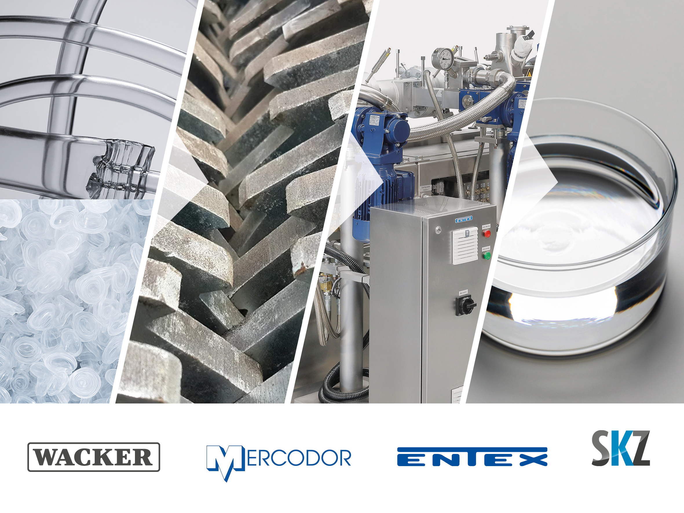 Das Projekt zum Recycling von Siliconelastomeren kombiniert die Expertise der Partner im Bereich Siliconherstellung und -chemie, Material-Zerkleinerung, chemischer Prozessauslegung und Compoundierung im Planetwalzenextruder. Copyright: Wacker, Mercodor, Entex, SKZ