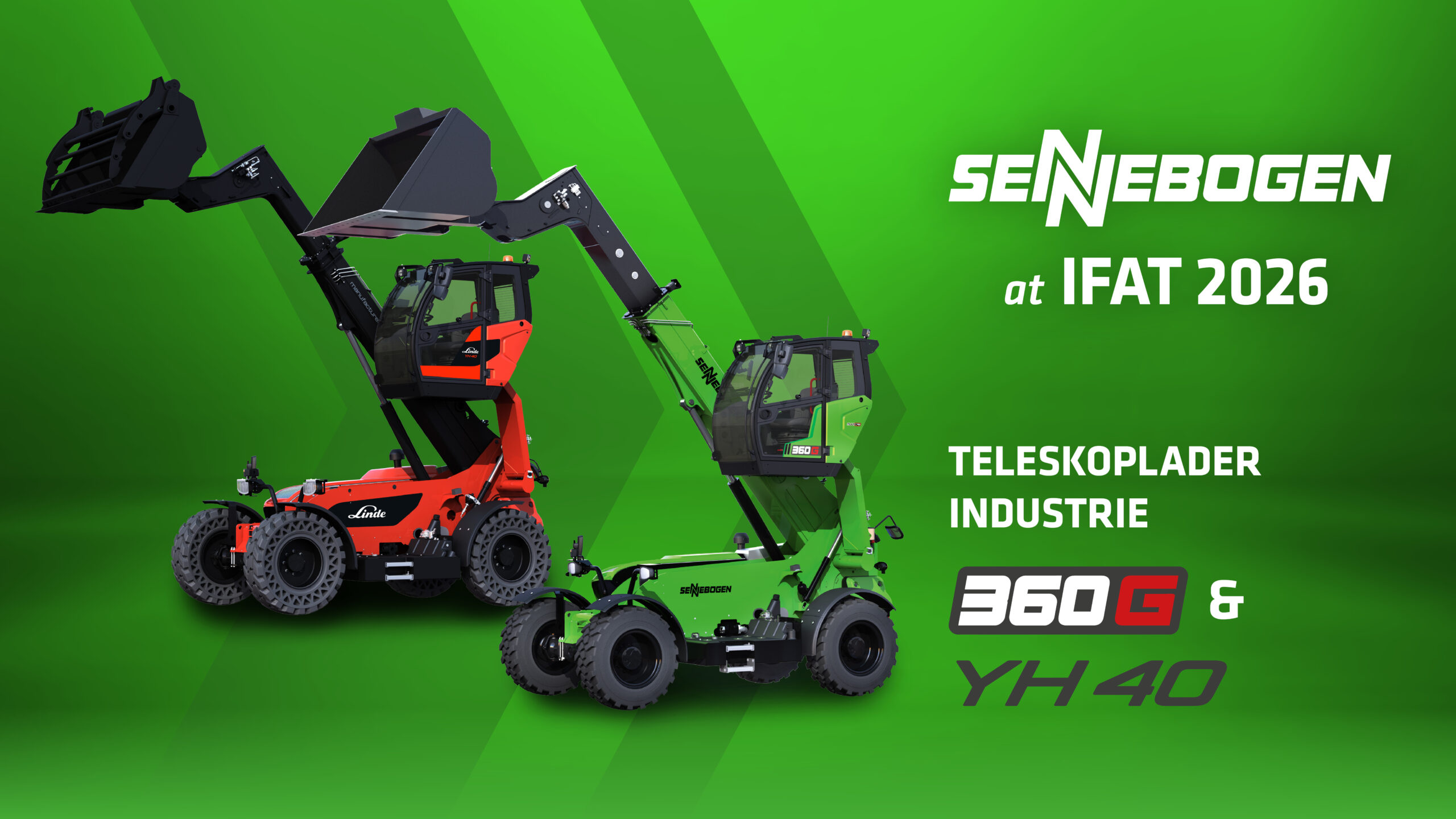 Auf dem Messestand in der Halle C5, Stand Nr. 451/551 zeigt Sennebogen seine flexiblen Teleskoplader in der Sennebogen-grünen und Linde-roten Variante.  Copyright: Sennebogen