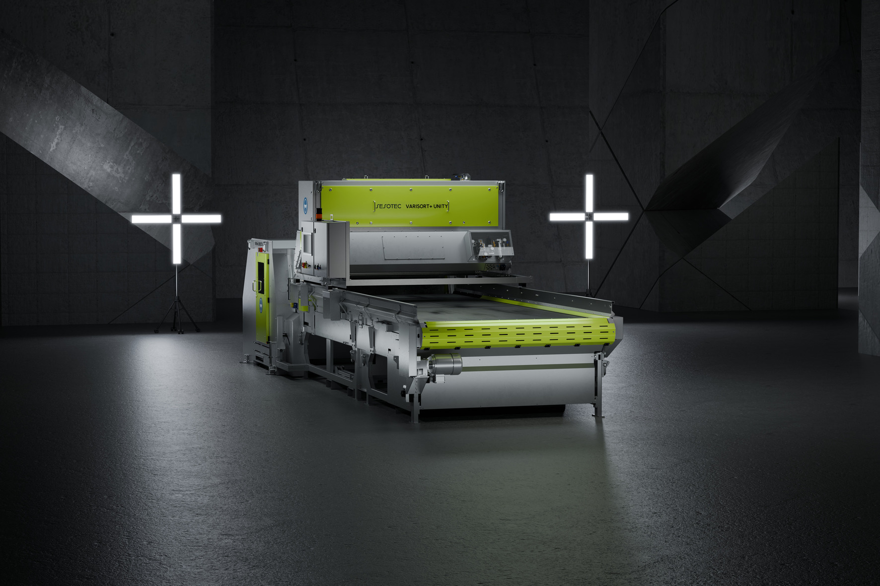 Komplett-Sortiersystem VARISORT+ UNITY mit Sensoraufsatz VARISORT+ FLEX. Rendering: Sesotec GmbH