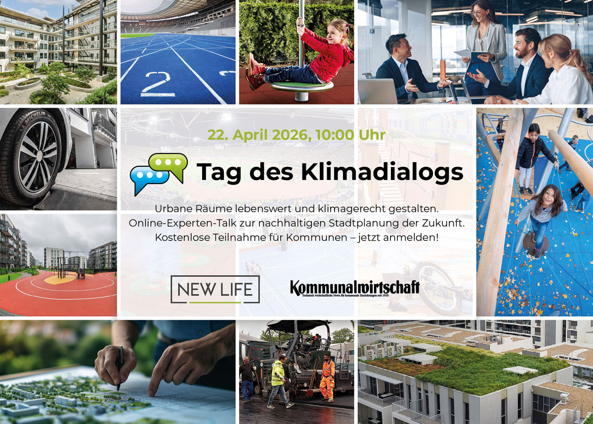 Der erste kommunale Klimadialog der Initiative NEW LIFE hat gezeigt: Der Wandel zu klimagerechten, lebenswerten Städten ist bereits in vollem Gange. 62 Städte, Gemeinden und Landkreise hatten sich für das digitale Expertenforum angemeldet. Die Kommunalvertreter brachten sich in den Dialog ein und nutzten die Gelegenheit zum intensiven Austausch mit Fachleuten und Branchenexperten über die nachhaltige Stadtplanung der Zukunft. Copyright: NEW LIFE.