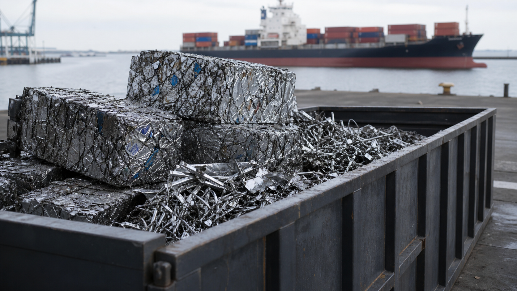 Aluminium scrap ready for export at a European port. EU recyclers warn that trade restrictions could disrupt established supply chains and undermine circular economy goals. (Source: AI/Claude Sonnet)