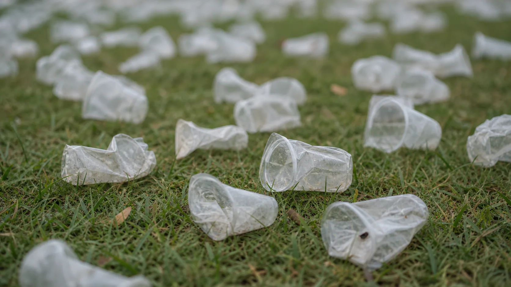 Weggeworfene Einwegbecher auf einer Festivalwiese – ein verbreitetes Bild nach Großveranstaltungen in Deutschland.
