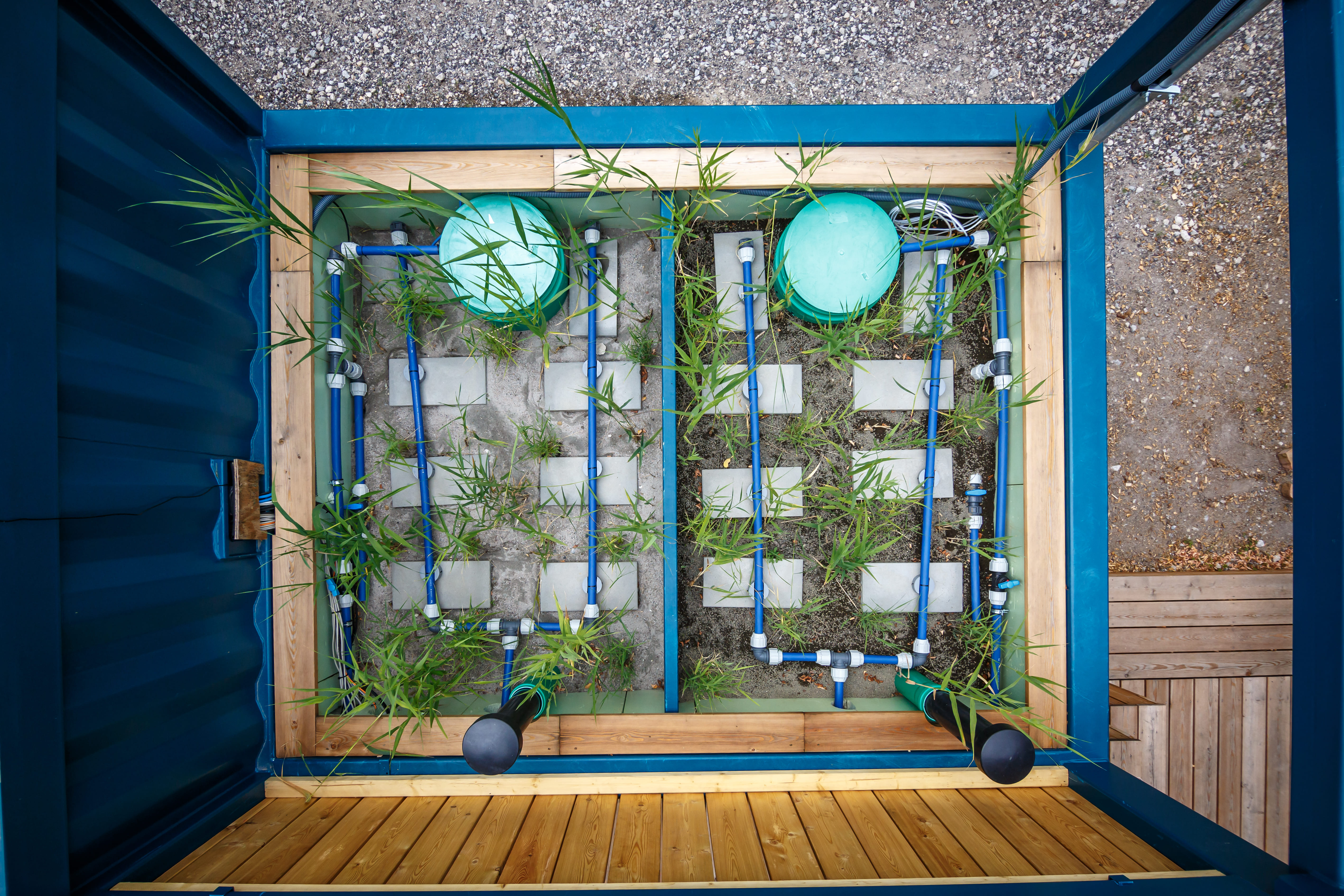 Modularer Container-Bodenfilter mit Rohrleitungssystem, Filtermedium und Schilfbepflanzung zur dezentralen Wasseraufbereitung. (Quelle: KIT/J. Rettig)