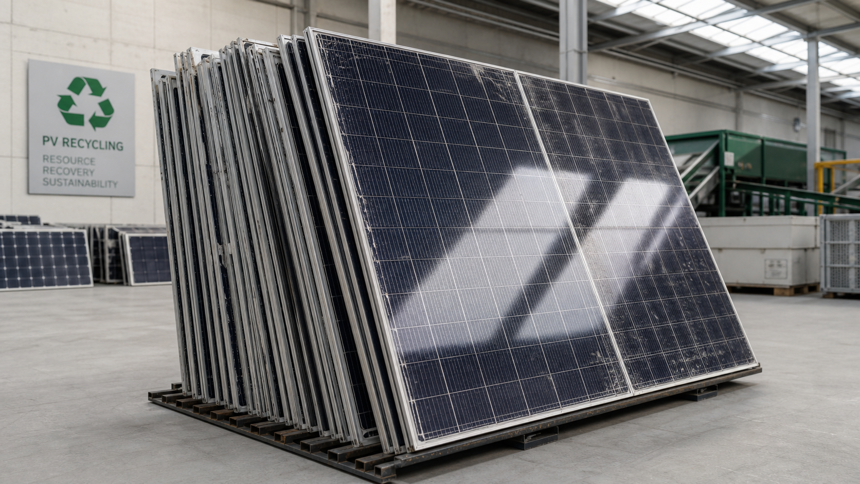 End-of-life solar panels await processing at a recycling facility. (Source: AI/Claude Sonnet)