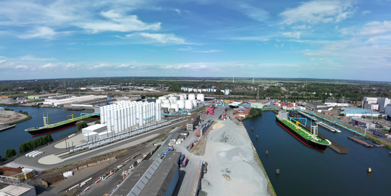Visualisierung: CarbonBridge plant die Inbetriebnahme des ersten betriebsbereiten CO₂-Exportterminals ab 2031.