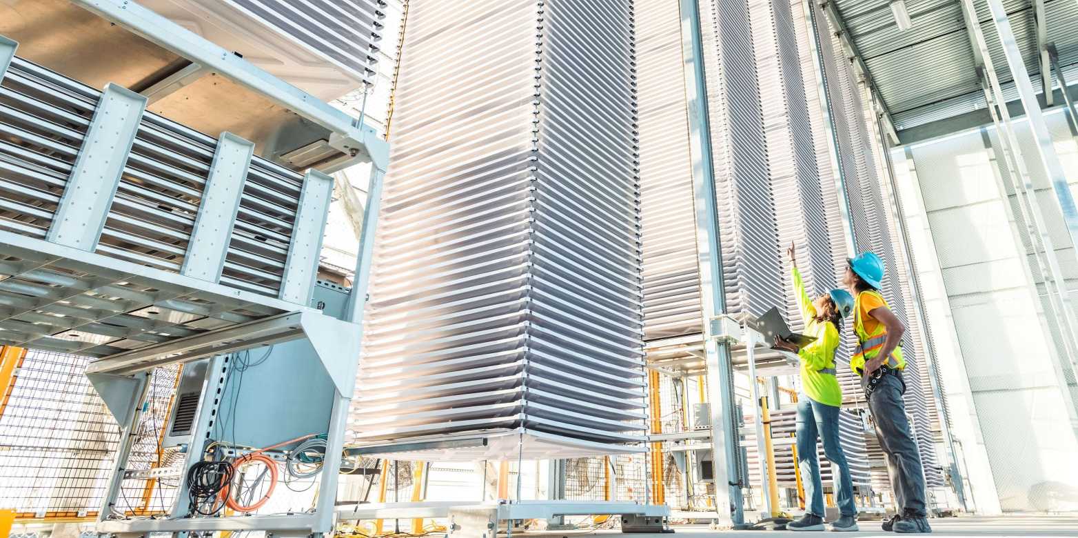 A commercial plant operated by Heirloom Carbon Technologies, featuring air contactors where CO₂ is captured from the atmosphere.
