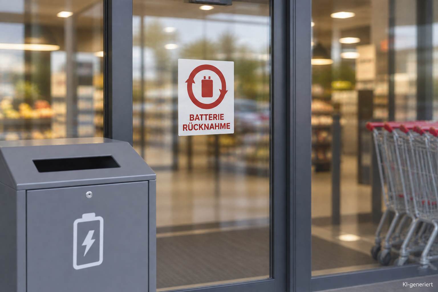 Ein gut sichtbares Sammelstellenlogo am Eingang soll Verbraucher auf die Rückgabemöglichkeit für Elektroaltgeräte hinweisen. Die DUH-Stichprobe zeigt jedoch, dass viele Händler diese Pflicht nur unzureichend umsetzen. (Quelle: KI/Claude Sonnet)