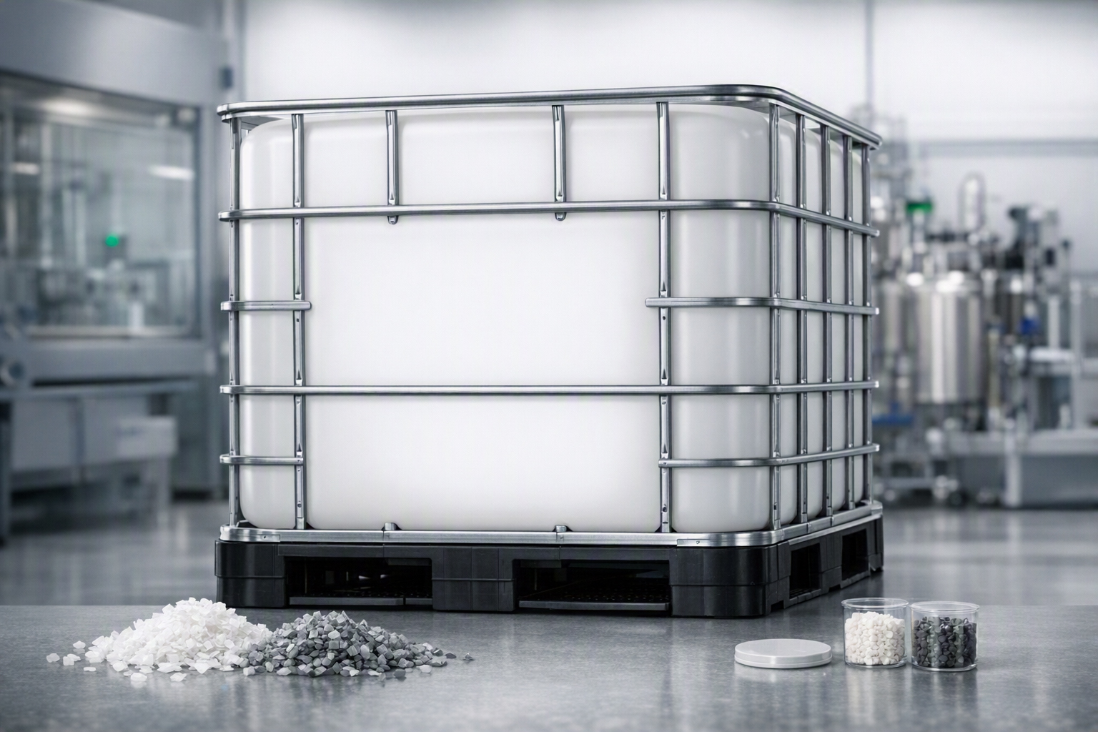 Recyceltes PE-HD im Praxistest: Materialproben und Rezyklatflakes werden auf ihre Eignung für sichere Gefahrgutbehälter untersucht. 
