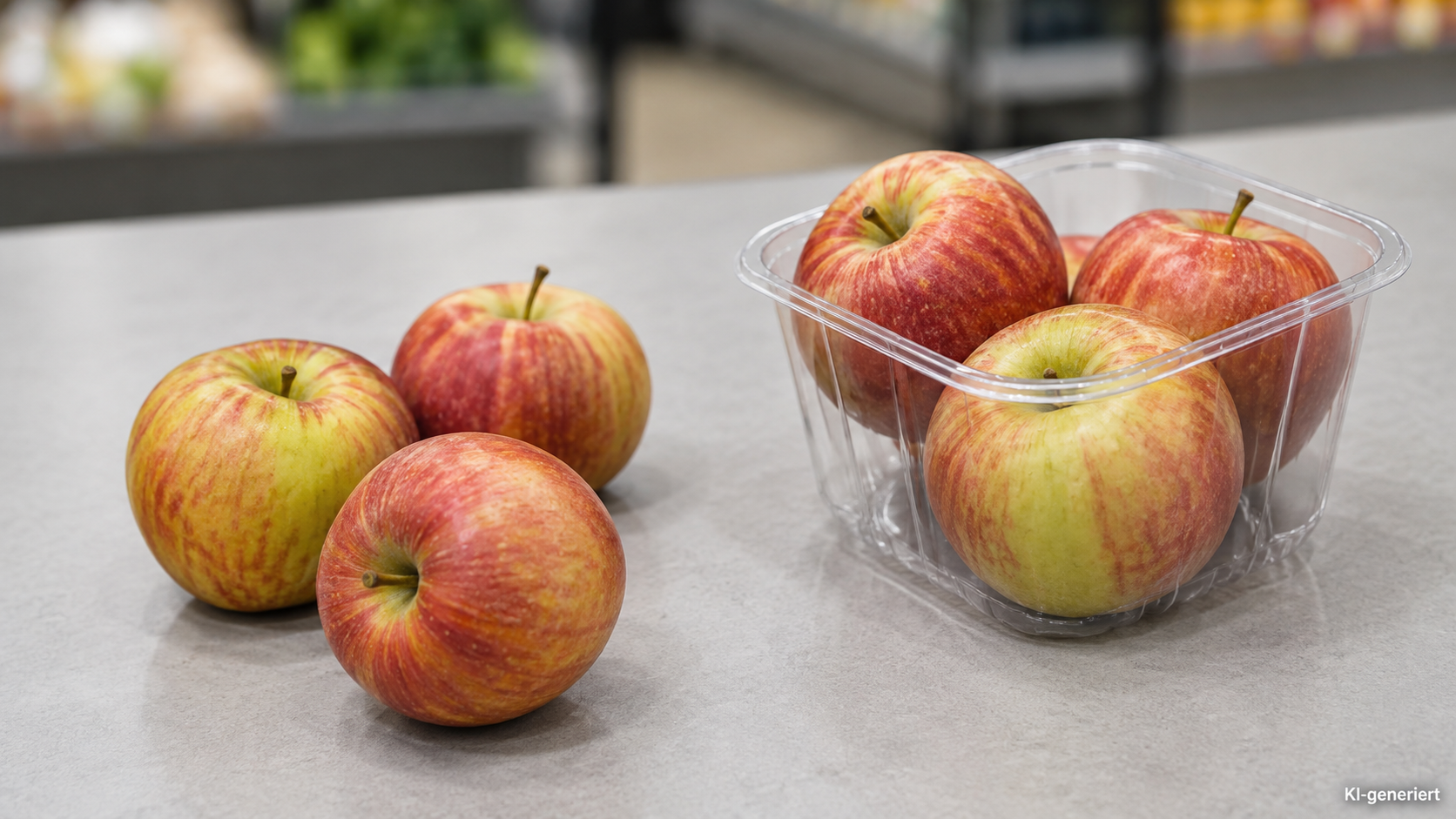 Lose oder verpackt? Der DUH-Verpackungscheck zeigt, dass der Anteil an vorverpacktem Obst und Gemüse bei mehreren Handelsketten gestiegen ist. (Quelle: KI/Claude Sonnet)
