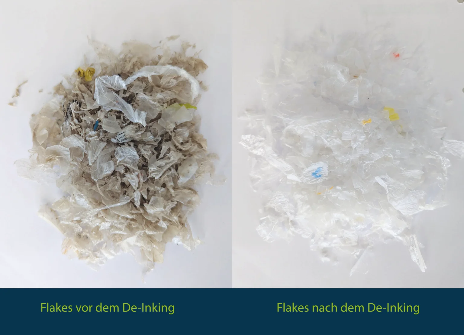 Flakes vor und nach dem De-Inking Prozess